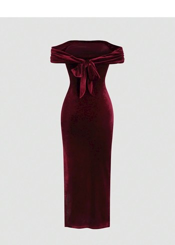 Bordo Drapeli Uzun Kadın Elbise - Görsel 2