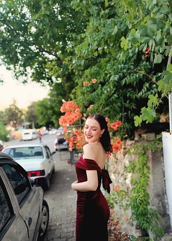 Bordo Drapeli Uzun Kadın Elbise - Görsel 4