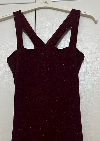 Bordo Uzun V Yaka Drapeli  Abiye Elbise - Görsel 2