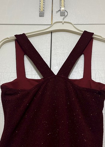 Bordo Uzun V Yaka Drapeli  Abiye Elbise - Görsel 5