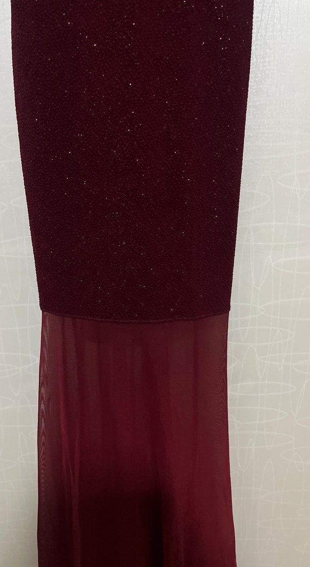 Bordo Uzun V Yaka Drapeli  Abiye Elbise - Görsel 3