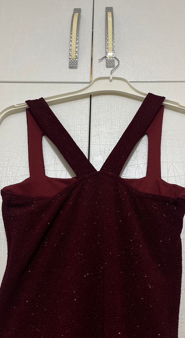 Bordo Uzun V Yaka Drapeli  Abiye Elbise - Görsel 5