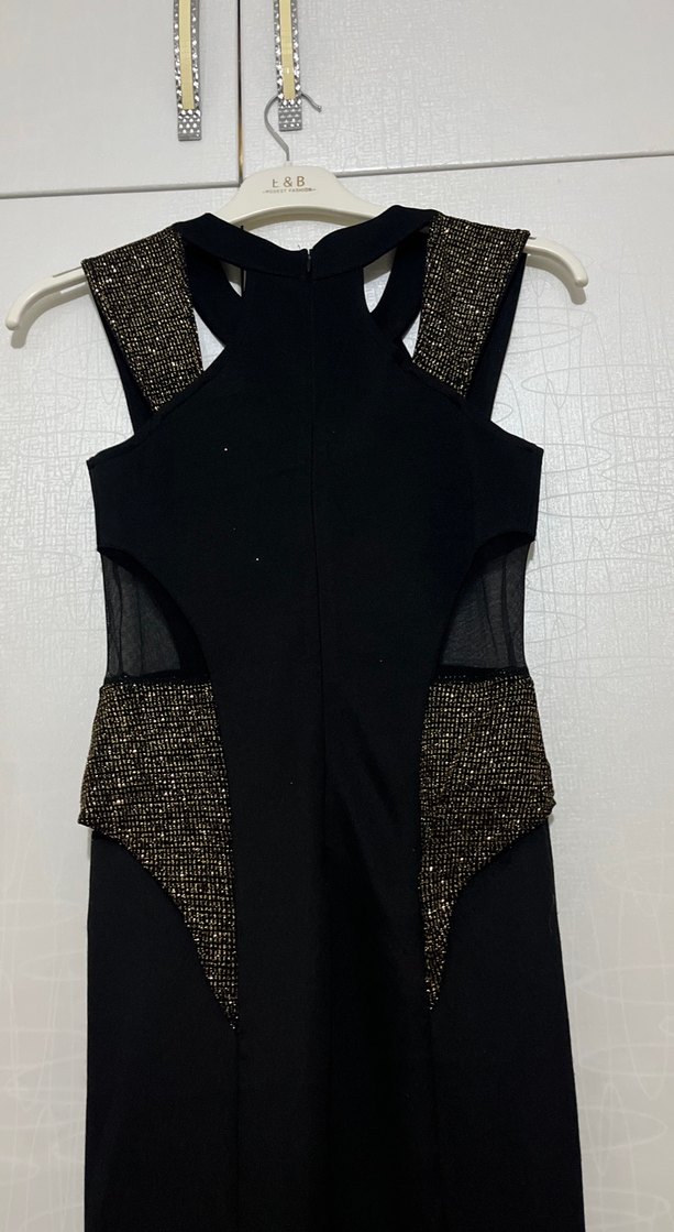 Siyah Drapeli Uzun Kadın Abiye Elbise - Görsel 4