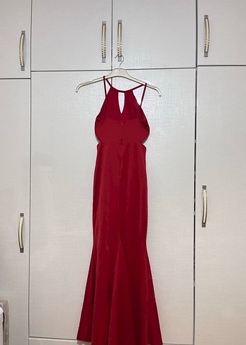 Kırmızı V Yakalı Drapeli  Abiye Elbise - Görsel 7