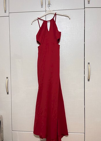 Kırmızı V Yakalı Drapeli  Abiye Elbise - Görsel 2