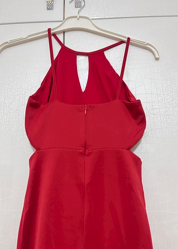 Kırmızı V Yakalı Drapeli  Abiye Elbise - Görsel 6