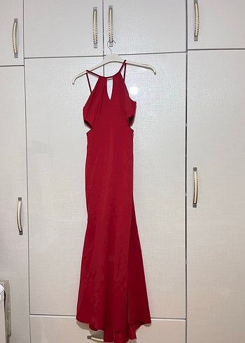 Kırmızı V Yakalı Drapeli  Abiye Elbise - Görsel 3