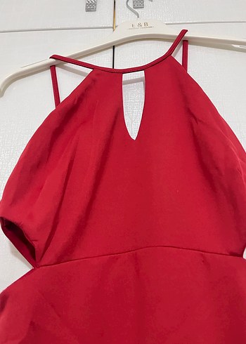 Kırmızı V Yakalı Drapeli  Abiye Elbise - Görsel 4