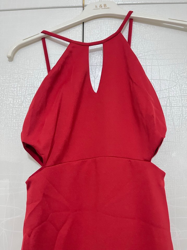 Kırmızı V Yakalı Drapeli  Abiye Elbise - Görsel 5