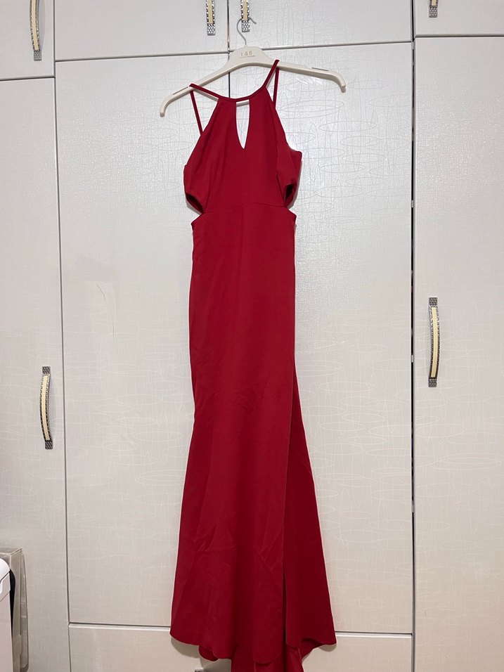 Kırmızı V Yakalı Drapeli  Abiye Elbise - Görsel 2