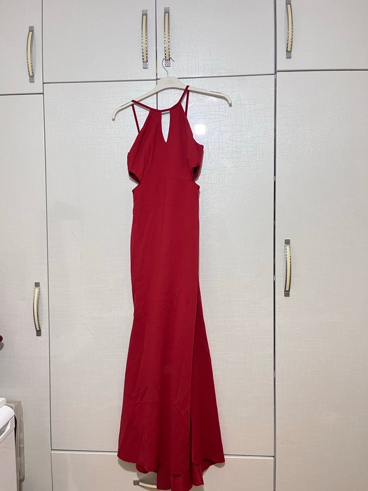 Kırmızı V Yakalı Drapeli  Abiye Elbise - Görsel 3