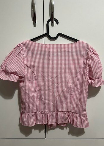 Pembe Kareli Düğmeli Kısa Kollu Bluz - Görsel 2