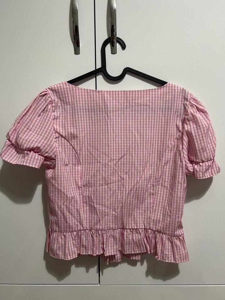 Pembe Kareli Düğmeli Kısa Kollu Bluz - Görsel 2