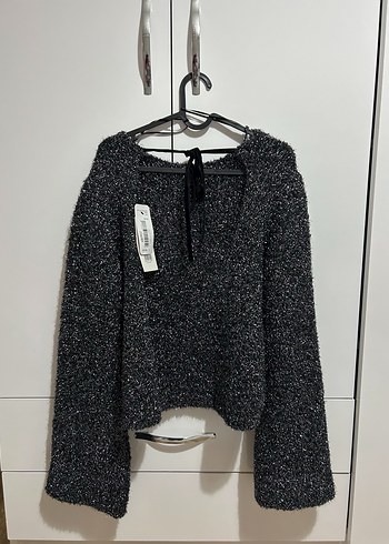 Gri Simli Sırt Dekolteli Kadın Triko Kazak - Görsel 2