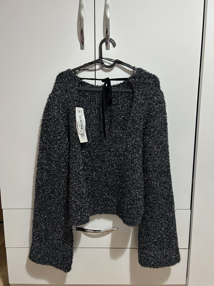 Gri Simli Sırt Dekolteli Kadın Triko Kazak - Görsel 2