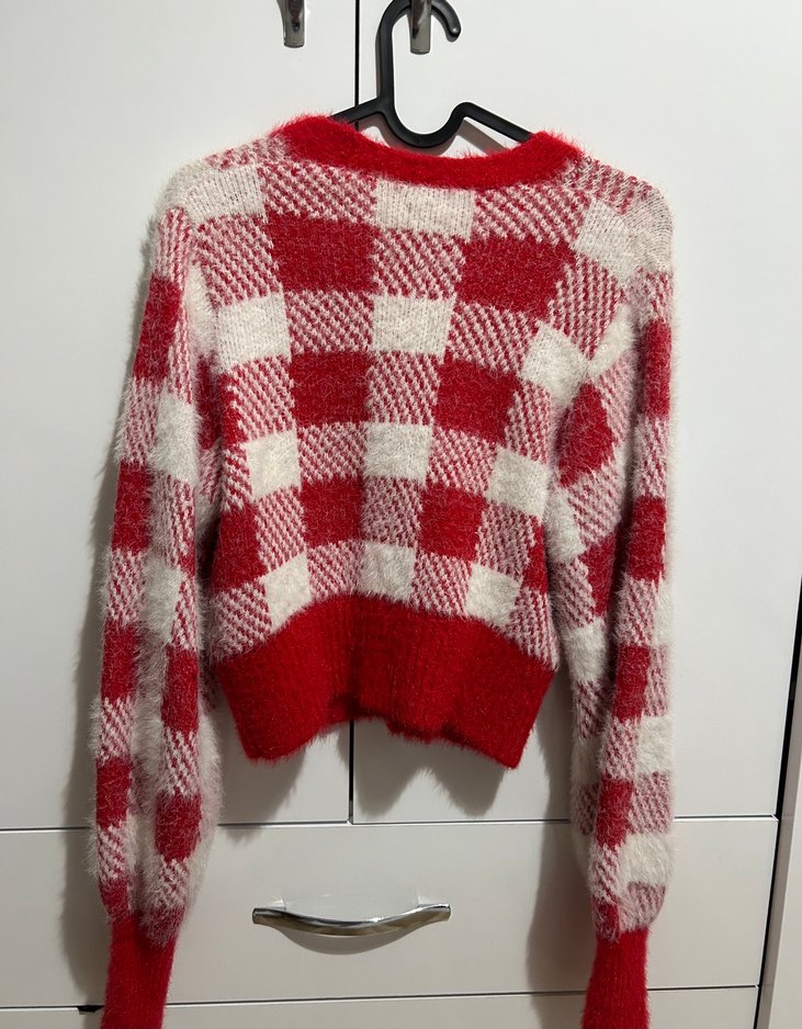 Kırmızı Ekose Desenli Triko Hırka - Görsel 2