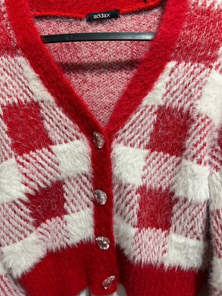 Kırmızı Ekose Desenli Triko Hırka - Görsel 3