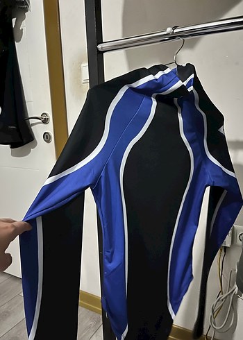 Uzun Kollu Mavi Biker Tarzı kadın çıt çıtlı boody - Görsel 3