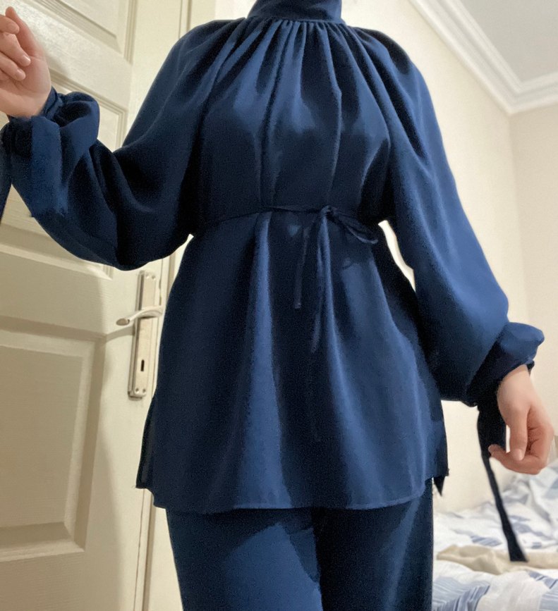 Lacivert Drapeli Yüksek Yakalı Kadın Takım 1 beden - Görsel 3