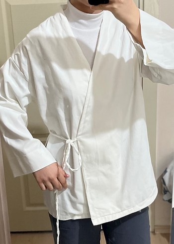 Beyaz Pamuklu Kuşaklı Midi Kimono standart beden - Görsel 2