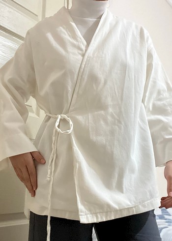Beyaz Pamuklu Kuşaklı Midi Kimono standart beden - Görsel 3