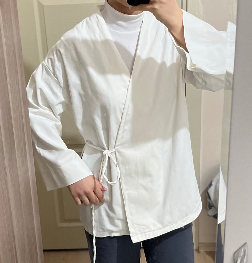 Beyaz Pamuklu Kuşaklı Midi Kimono standart beden - Görsel 2