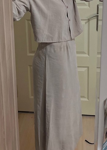 Bej Keten Uzun Elbise, askılı, Rahat Kesim,gömlekli - Görsel 2