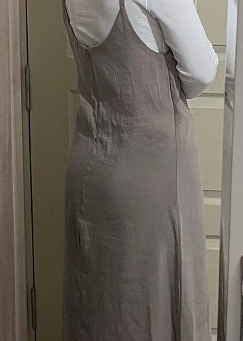 Bej Keten Uzun Elbise, askılı, Rahat Kesim,gömlekli - Görsel 5