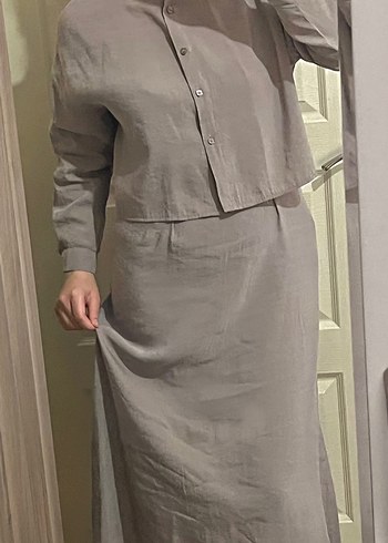 Bej Keten Uzun Elbise, askılı, Rahat Kesim,gömlekli - Görsel 3