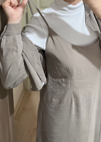 Bej Keten Uzun Elbise, askılı, Rahat Kesim,gömlekli - Görsel 6