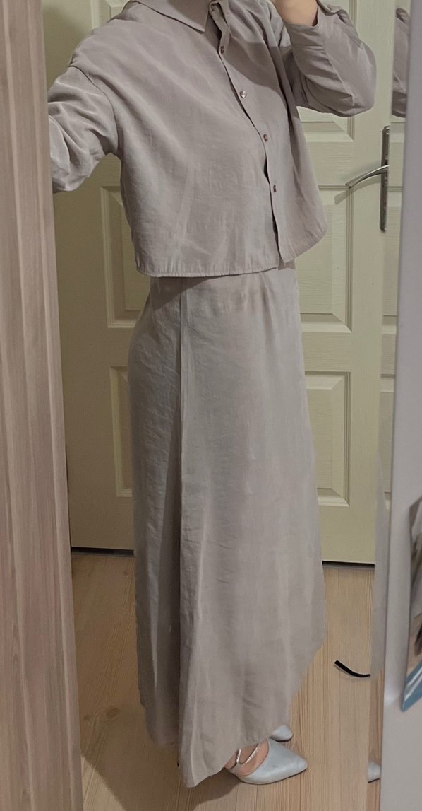 Bej Keten Uzun Elbise, askılı, Rahat Kesim,gömlekli - Görsel 2