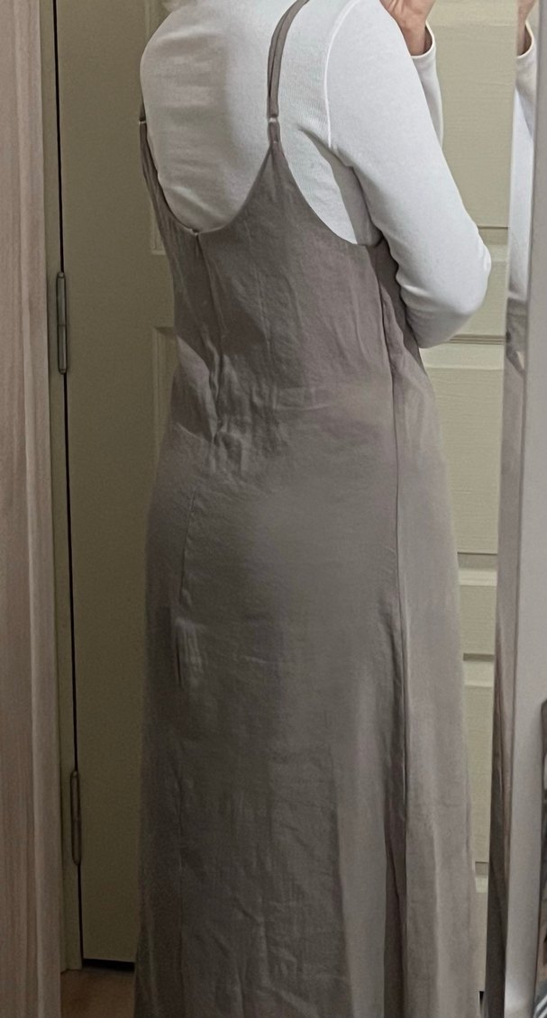 Bej Keten Uzun Elbise, askılı, Rahat Kesim,gömlekli - Görsel 5