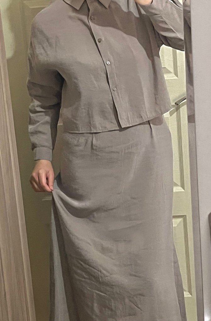 Bej Keten Uzun Elbise, askılı, Rahat Kesim,gömlekli - Görsel 3