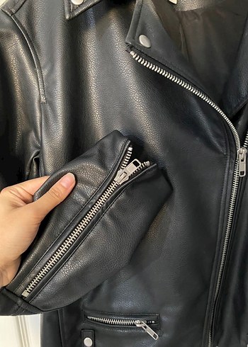 H&M marka Siyah Deri Biker Ceket - Görsel 2