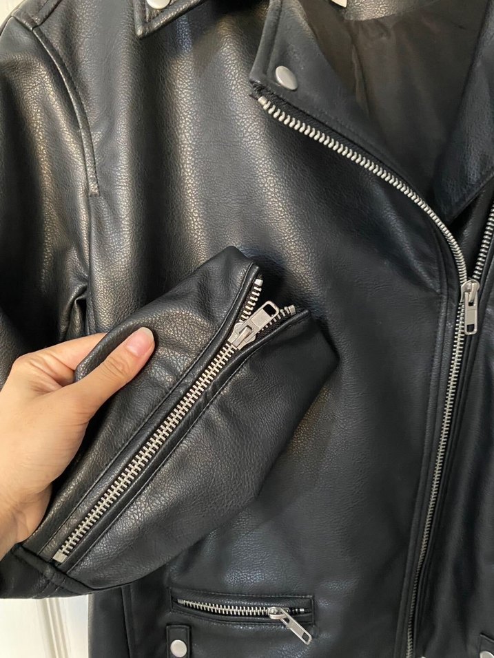 H&M marka Siyah Deri Biker Ceket - Görsel 2