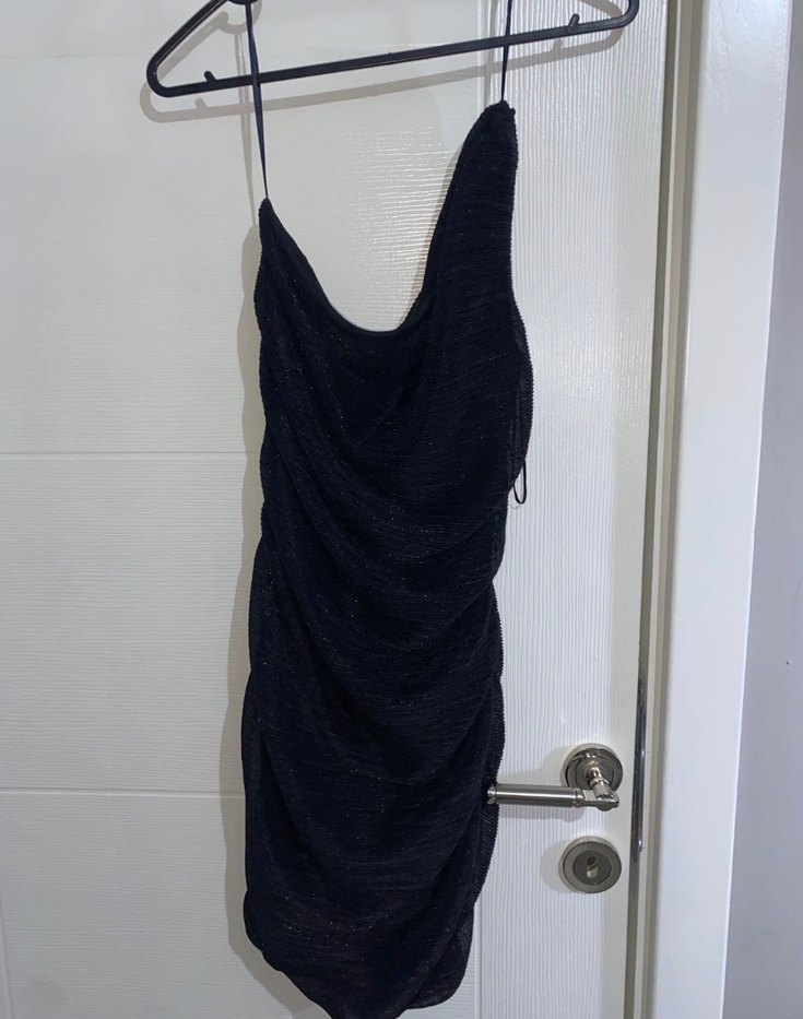 Siyah Straplez Drapeli Mini Elbise - Görsel 2