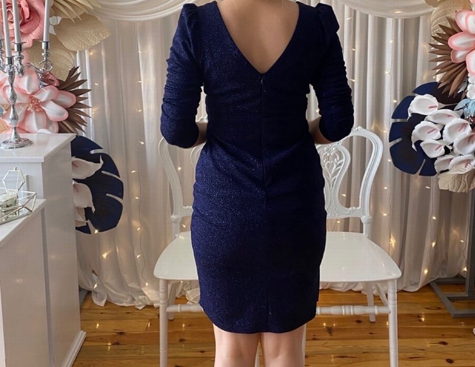 Parlak Lacivert V Yaka Midi Abiye Elbise - Görsel 2