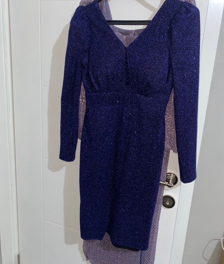 Parlak Lacivert V Yaka Midi Abiye Elbise - Görsel 3