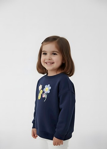 Çiçek Baskılı Uzun Kollu Kız Sweatshirt - Görsel 3