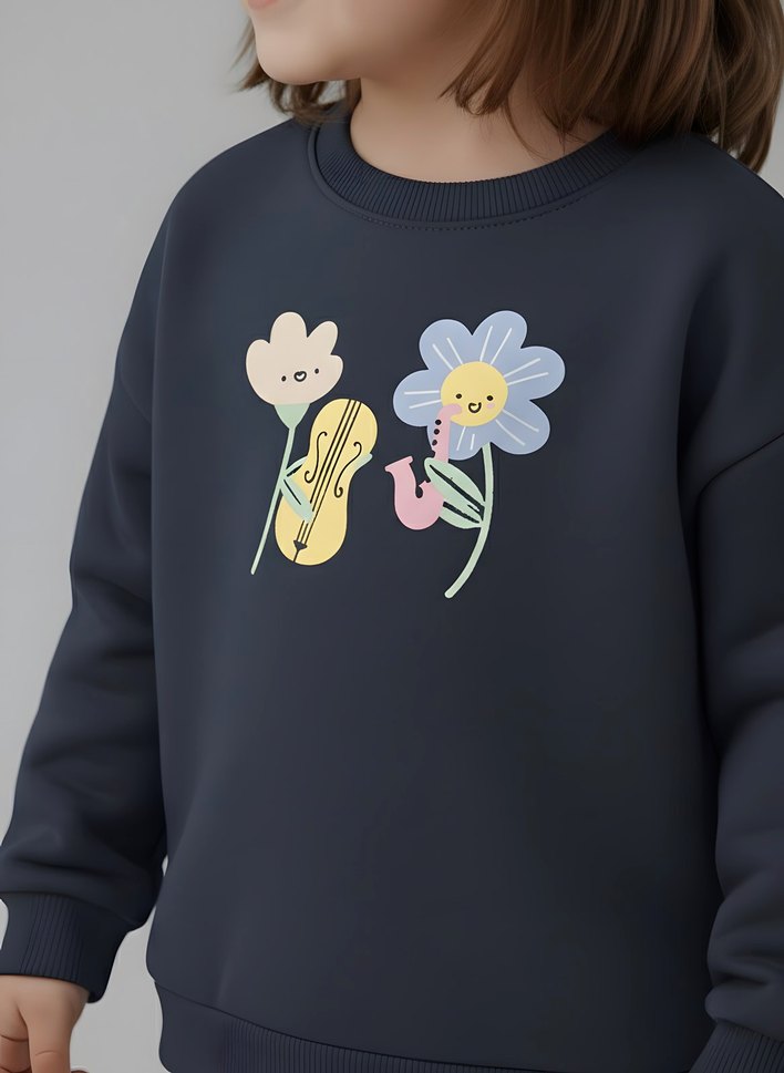 Çiçek Baskılı Uzun Kollu Kız Sweatshirt - Görsel 4