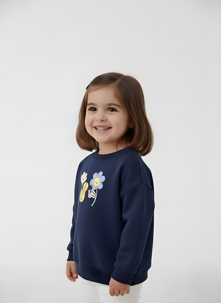 Çiçek Baskılı Uzun Kollu Kız Sweatshirt - Görsel 3