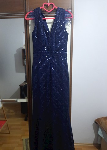 Abiyefon Lacivert Payetli V Yaka Uzun Abiye Elbise - Görsel 6