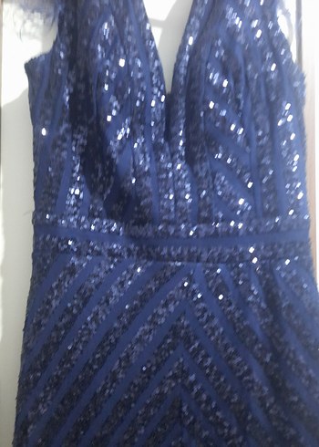 Abiyefon Lacivert Payetli V Yaka Uzun Abiye Elbise - Görsel 5