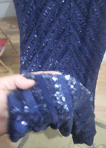 Abiyefon Lacivert Payetli V Yaka Uzun Abiye Elbise - Görsel 4