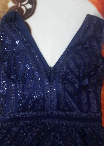 Abiyefon Lacivert Payetli V Yaka Uzun Abiye Elbise - Görsel 9