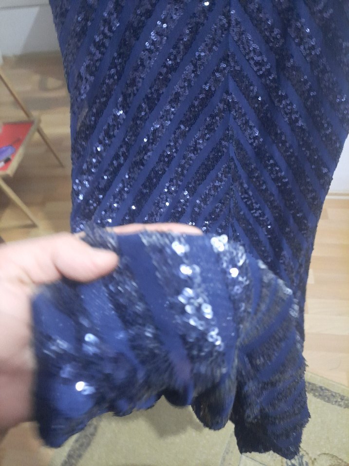 Abiyefon Lacivert Payetli V Yaka Uzun Abiye Elbise - Görsel 4