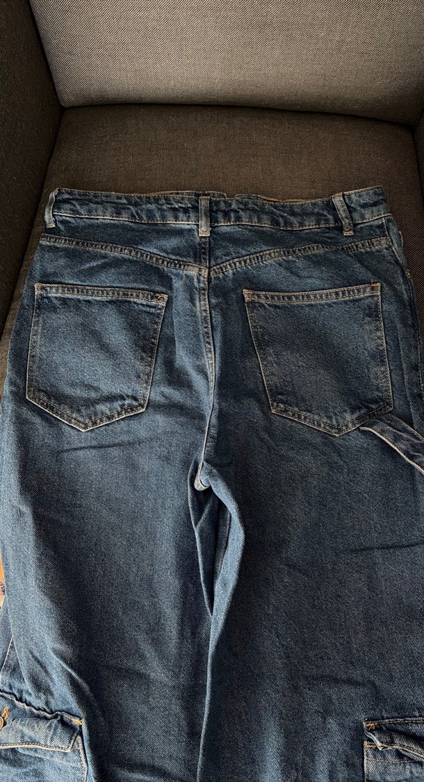 Kadın Kemerli Mavi Bol Paça Midi Kot Pantolon - Görsel 2