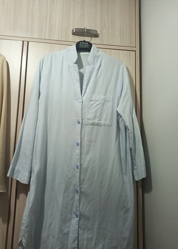 Düğmeli Beyaz Kadın Keten Gömlek Midi Boy - Görsel 3