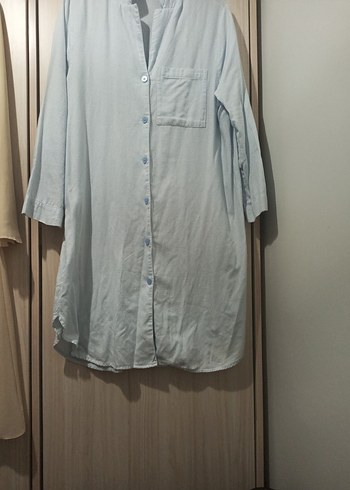 Düğmeli Beyaz Kadın Keten Gömlek Midi Boy - Görsel 2