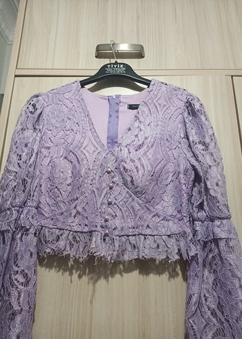 Dantel Detaylı lila Mini Bluz - Görsel 2